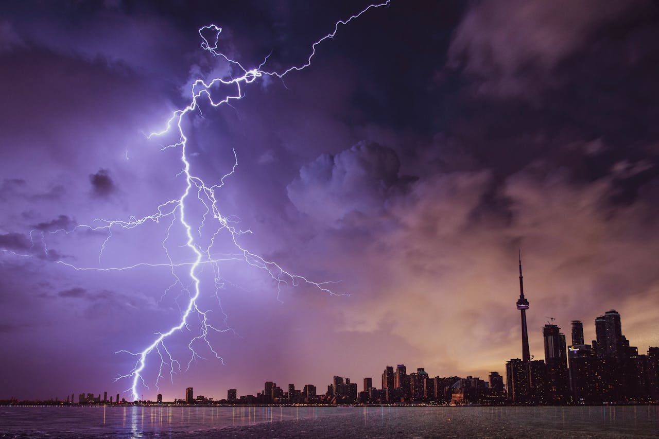 lightning striking water in severe storm